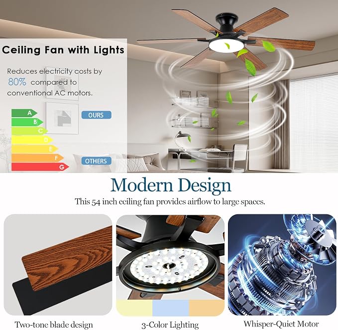 Ceiling Fans with Lights,54 Inch Low Profile Ceiling Fan with Light and Remote Control,6 Speeds/6 Blade,Flush Mount,LED Dimmable DC Reversible Modern, Brown Ceiling Fan for Bedroom/Living Room