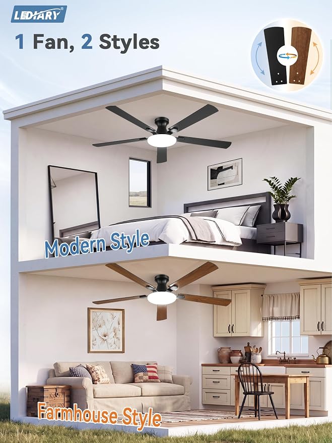 LEDIARY 60 Inch Flush Mount Ceiling Fans with Lights, Remote & APP Control | Bright Light, 3CCT, Memory Function, Timer, Reversible Blades, Quiet DC Motor, Damp-Rated, Living Room, Covered Patio, Adult