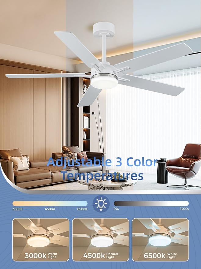 LANMEL Ceiling Fan with Light, Modern Flush Mount Low Profile with Remote Control, Reversible, 3CCT Dimmable, Quiet,LED for Bedroom, Living Room, Indoor/Outdoor Patio Use 52 Inch Silver & White