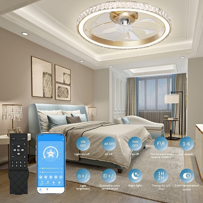 Aipsun 26" Low Profile Modern Crystal Chandelier Ceiling Fans with Lights and Remote, 3000K-6500K Smart Bladeless LED Fan Light, Gold Modern Ceiling Fans with Lights for Bedroom