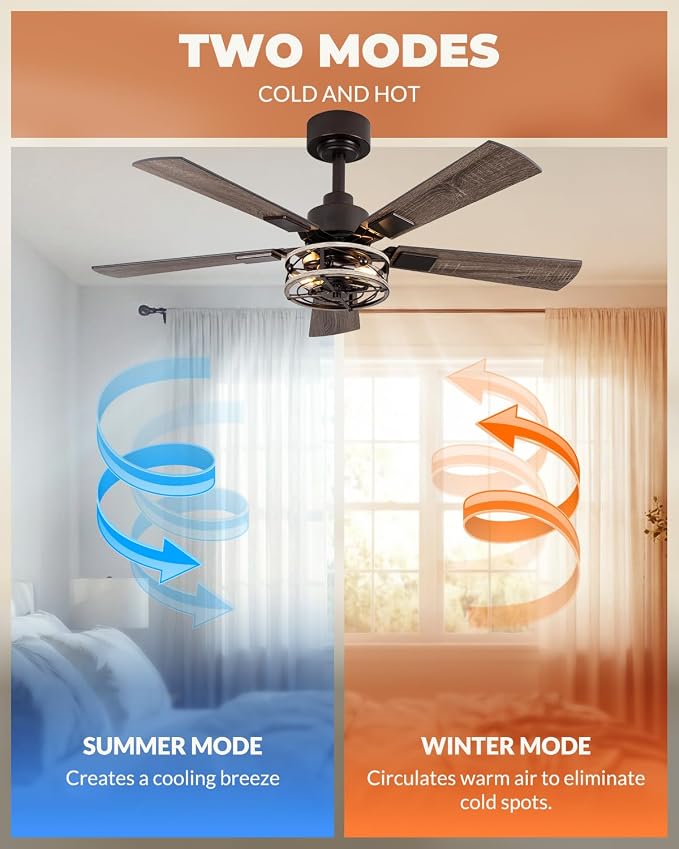 2-Pack 42 Inch Ceiling Fans with Lights, Remote Control Low Profile Flush Mount Ceiling Fan for Living Room Bedroomm, 6 Speeds Bladeless Caged Farmhouse LIghts, Quiet and Reversible DC Motor, Walnut