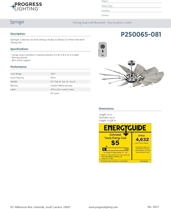 Progress Lighting Springer Collection DC Motor Farmhouse Windmill Ceiling Fan, Antique Nickel, 12-Blade (52" W x 17-3/8" H) P250065-081