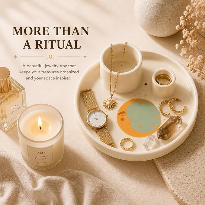Incense & Palo Santo Holder – 6.5'' Ceramic Sage Burner for Sticks, Bundles, Cones, Candle & Tealight with Ash Catcher – Jewelry Tray, Smudge Pot, Home Décor, Meditation Gift (Yellow Moon)