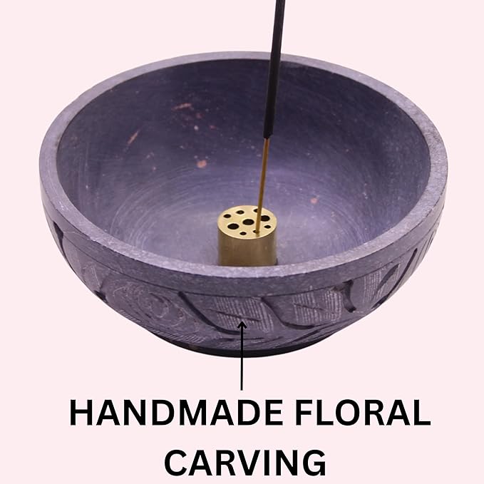 Natural Grey Marble Incense Holder Bowl – 5" Ash Catcher Burner for Meditation, Smudge, Palo Santo – 9-Hole Brass Insert Fits Most Incense Sticks.