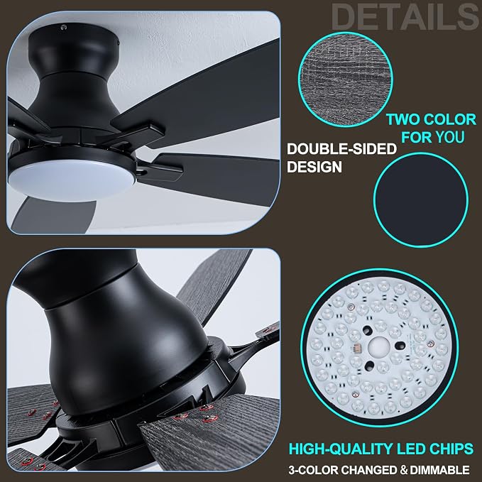 Coolwind 52 Inch Black Flush Mount Ceiling Fan with Display Remote/APP Control, Low Profile Quiet Ceiling Fan with Light, 5 Dual-Sided Blades, Dimmable, DC Reversible Motor for Bedroom, Living Room