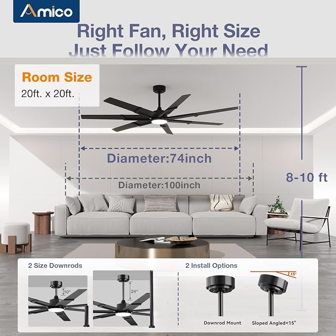 Amico Ceiling Fans with Lights,74 inch Black Ceiling fan with Light and Remote, 6 Speed Reversible DC Motor, 3CCT, Dimmable, Quiet, Timer, Large Modern Ceiling Fan for Living room, Indoor/Outdoor