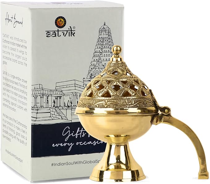 SATVIK 1 Pc Pure Brass Antique Incense Holder Large Dhuni Burner with Long Brass Handle Handheld Puja Dhuna Agarbatti Dhoop Pot Dhuni Stand Indian Diwali Festive Housewarming Return Gift Items Bulk