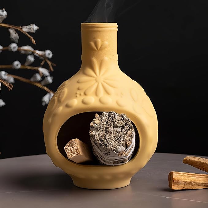 MOUGIGI Handmade Ceramic Palo Santo Burner&Incense Holder-Mini Chimenea Dish for Sage Sticks,Copal,and Meditation Decor-Natural Clay Smudge Pot with Aromatic Design,Anxiety Relief Gifts for Women