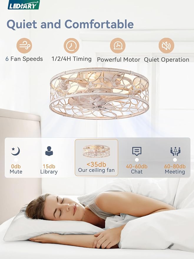 LEDIARY Caged Ceiling Fans with Lights, White Flush Mount Ceiling Fan with Remote&App, Small Low Profile Bladeless Ceiling Fan Light Fixture for Bedroom, Kitchen, Dining Room-White Gold Color