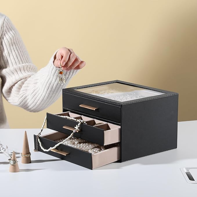 Frebeauty Jewelry Box for Women,Clear Lid Jewelry Organizer with 3 Drawers | Faux Leather,Velvet Lining,3 Layers,Jewelry Storage for Ring Earring Stud,Dustproof Design,Gift Choice,Golden Stylish Handle