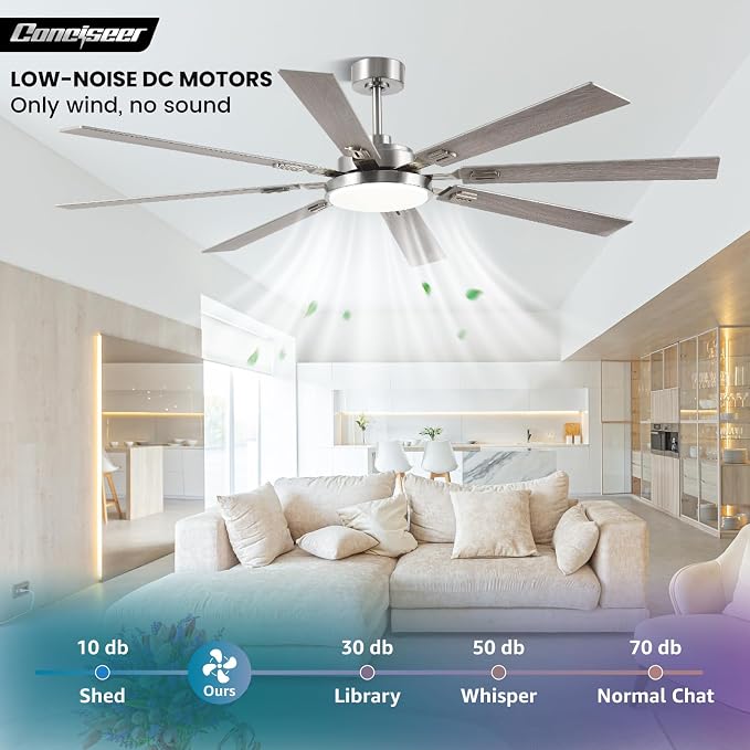 72 Inch Ceiling Fans with Lights and Remote, Dual Color 8 Blades, Bedroom Living Room Office Library Cafe Outdoor Industrial, 3CCT Dimmable, 6 Speed Reversible Quiet DC Motor, Sand-nickel/Wood Grain