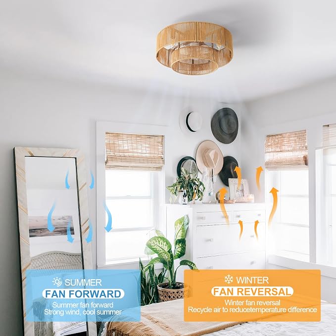 20 Inch Boho Caged Ceiling Fans with Lights Flush Mount, Boho Rattan Fandelier Ceiling Fan with Light Remote Control with Reversible 6 Speeds for Bedroom, Nursery, Living Room, E12 Base,Indoor