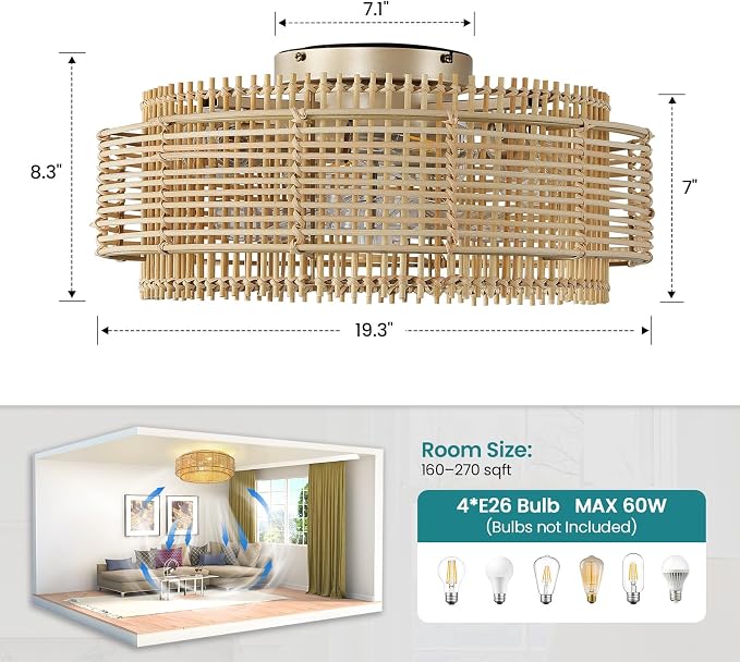 KAISITE Boho Caged Ceiling Fan with Light and Remote Control 19" Rattan Fandelier 6 Speeds Low Profile Bladeless Ceiling Fan Flush Mount Chandelier Fan for Bedroom Living Room