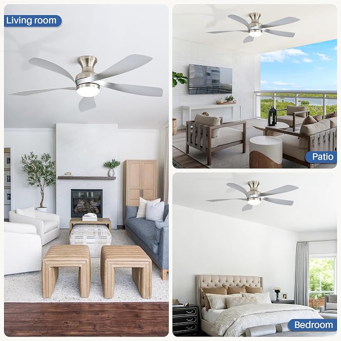 Sofucor 52 Inch Low Profile Ceiling Fan with Light, Flush Mount Outdoor Ceiling Fan with Remote for Bedroom Living Room Patio, Dimmable LED High Airflow Quiet Reversible DC Motor