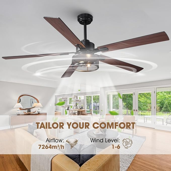 60 Inch Farmhouse Ceiling Fans with Lights, Rustic Ceiling Fan with Remote and APP Control, 5 Dual Finish Blades, 6-Speed Quiet Reversible DC Motor with Timer for Kitchen Living Room Patio