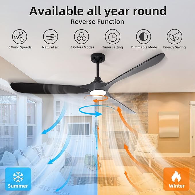 Ceiling Fan with Lights, 72'' Solid Wood Indoor/Outdoor Ceiling Fan with Quiet Reversible DC Motor, Compatible with Alexa/Google/App, 3CCT Dimmable, 6 Speeds Black Outdoor Fan for Patio Porch