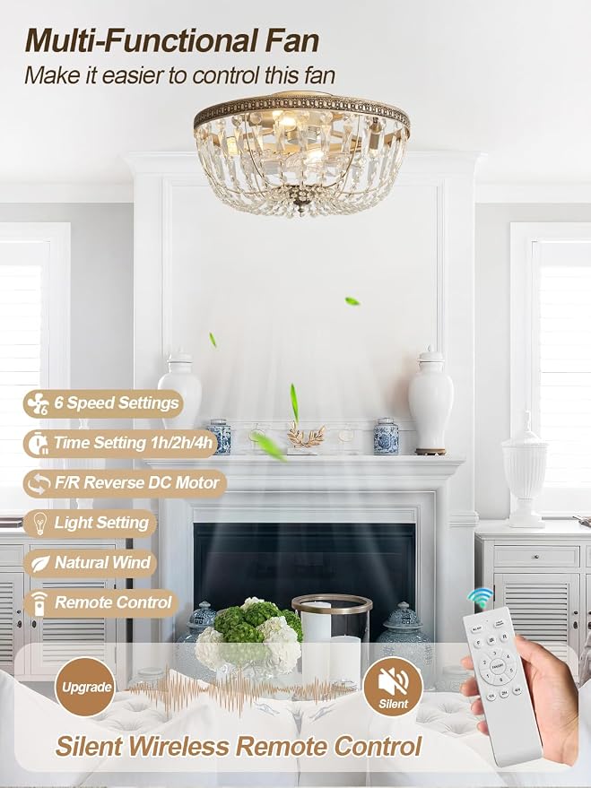 20" Flush Mount Fandelier Ceiling Fan with Light, Crystal Gold Fandelier Ceiling Fan with Light Remote Control, Vintage French Country Caged with 6 Speeds for Bedroom, Living Room, Foyer, Nursery