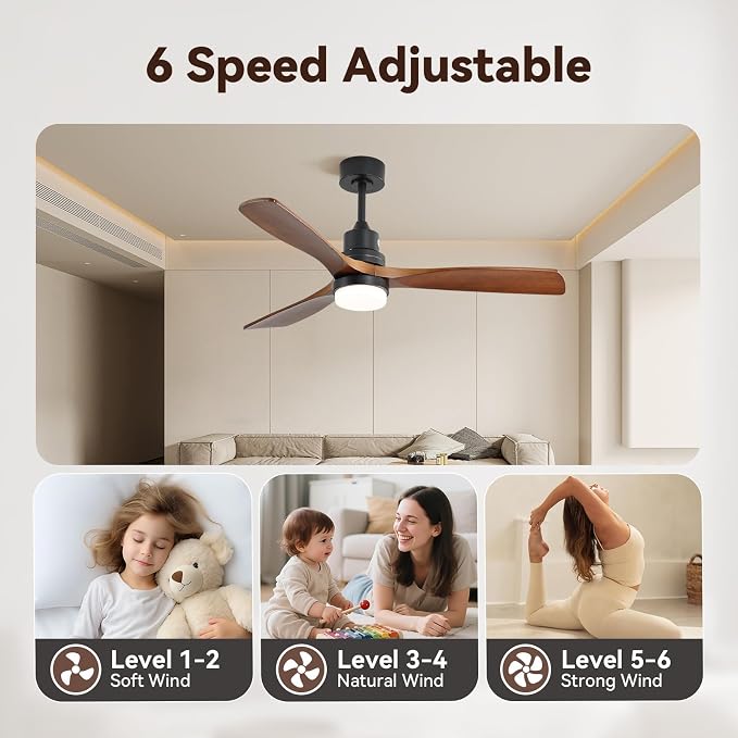 Sofucor 52 Inch Ceiling Fans with Lights and Remote, Low Profile Wood Ceiling Fan with Light Dimmable/Timer 6-Speed Reversible DC Motor for Bedroom Living Room Indoor Outdoor