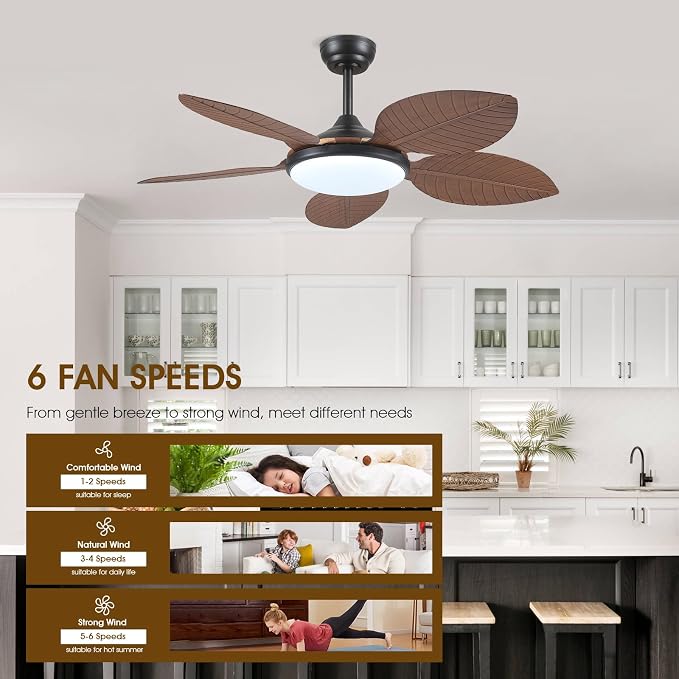 Wiviniya 48 Inch Tropical Ceiling Fans with Lights, Palm Leaf Outdoor Ceiling Fan with Light for Patios Porch Bedroom Living Room, Remote/APP Control, Reversible Quiet DC Motor, Dimmable LED, Brown
