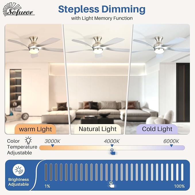 Sofucor Smart 52'' Low Profile Ceiling Fan with Lights and Remote, Flush Mount Ceiling Fan Work with APP/Alexa/Google for Modern Bedroom Living Room Patio, Dimmable LED Quiet Reversible DC Motor