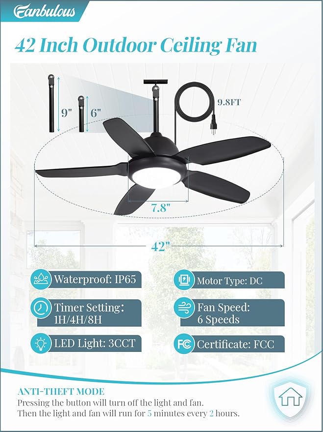 Fanbulous 42 Inch Waterproof Outdoor Ceiling Fan with Lights and Remote,IP65 Hanging Gazebo Fan with 3CCT 6-Speed DC Motor,Black Wet Rated Plug in Ceiling Fan with Cord for Patios Porch Pergola | IP65 Wet Rated, 3CCT Dimmable Light,Remote Control,6-Spe...