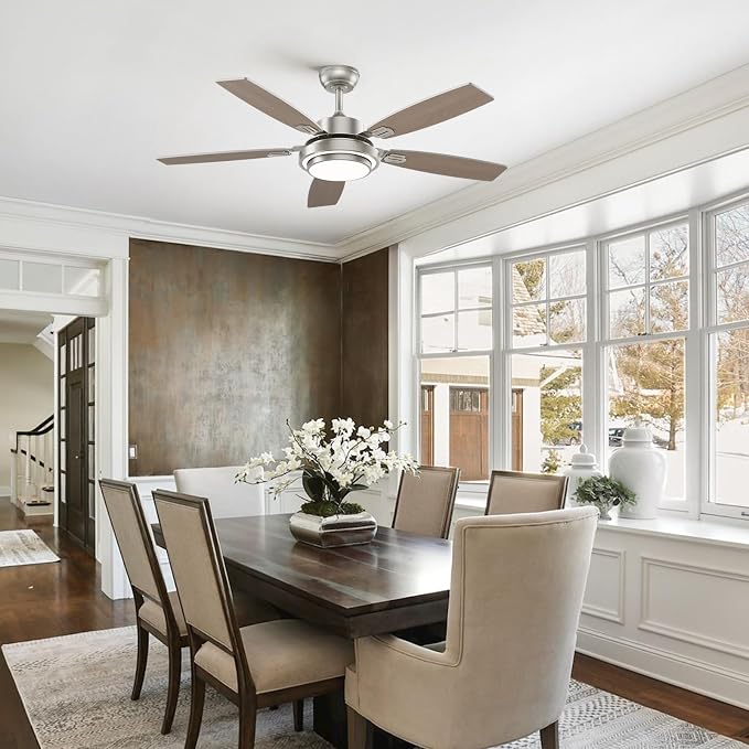 52 Inch Nickel Ceiling Fans with Lights and Remote Control for Bedroom, Modern Ceiling Fan with Quiet Reversible DC Motor, 3CCT, Dimmable, LED for Living Room, Patio, Indoor and Outdoor