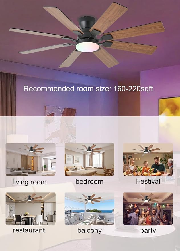 JSAITEE 52 inch Ceiling Fan with Light, 6 Speeds Reversible Low Profile Ceiling Fan with Light and Remote/APP Control, 3 Color Temp+Dimmable RGB, 8 Blades, Flush Mount Quiet Ceiling Fans, Brown