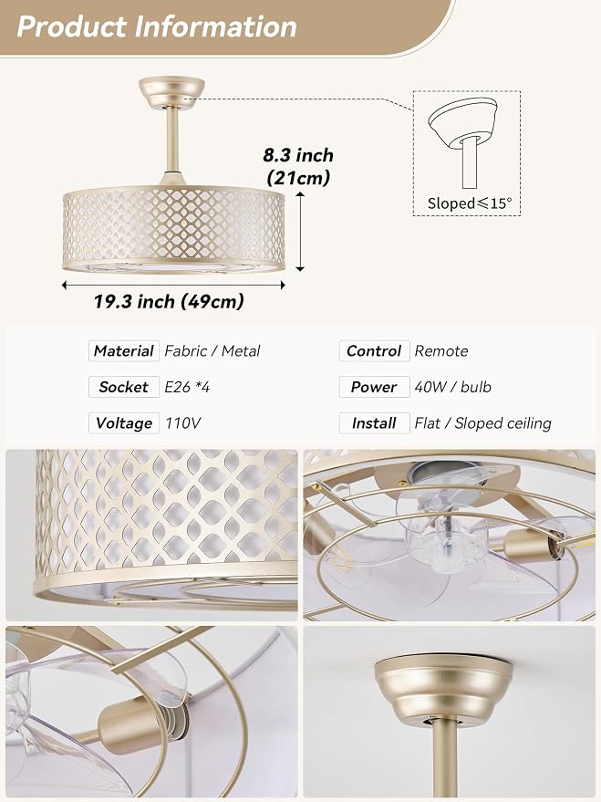 Gold Fandelier Ceiling Fan with Light, 20" Caged Boho Ceiling Fans with Lights and Remote, Mid Century with 6 Speeds for Bedroom, Living Room, Nursery