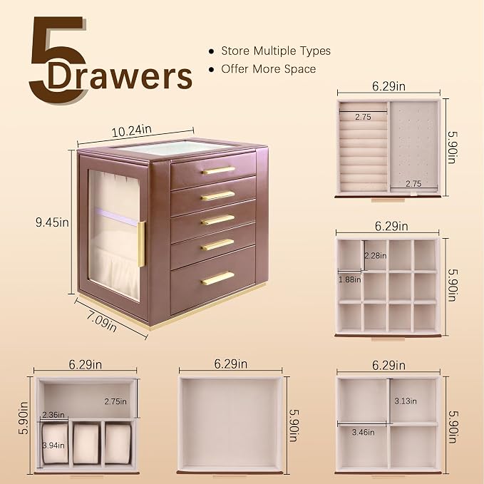 Homeanda Jewelry Box for Women with Glass Lid, 5 Drawers Jewelry Organizer and Storage for Necklaces, Rings, Earrings, Bracelets, Gift for Girls and Teens,PU Leather (Brown)