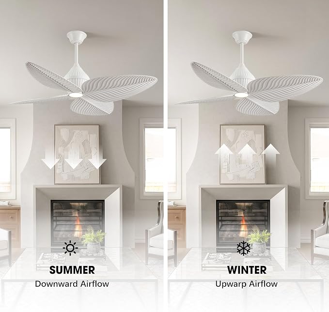 52" Tropical Ceiling Fans with Lights, Indoor Palm Leaf Ceiling Fan with Light and Remote for Living Room Bedroom, ABS Blades, Dimmable LED Lights, 6 Speeds, Adjustable Height-White