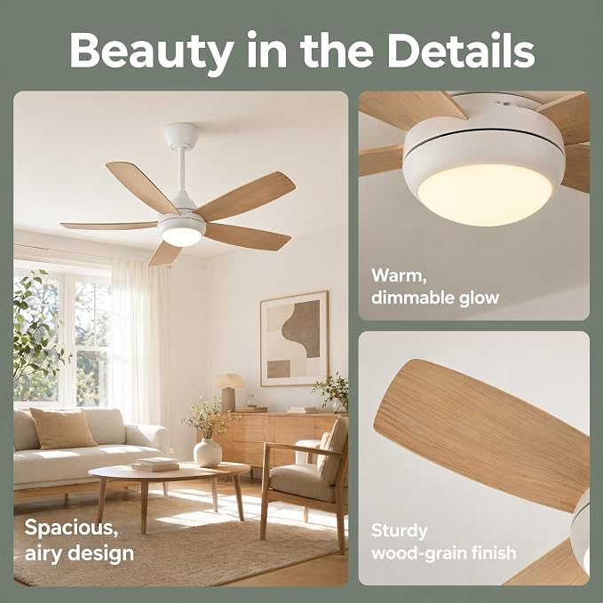 42 inch Ceiling Fan with Lights, 5 Blades, 6 Speeds DC Reversible, Dimmable, Low Profile Ceiling Fan with Light and Remote Control for Bedroom or Living Room
