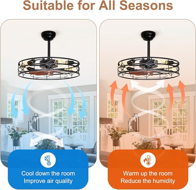 TCL 24 Inch Caged Ceiling Fan with Light and Remote, Low Profile Flush Mount Fandelier, Rustic Farmhouse Style Ceiling Fans for Bedroom, Kitchen, Easy to Install