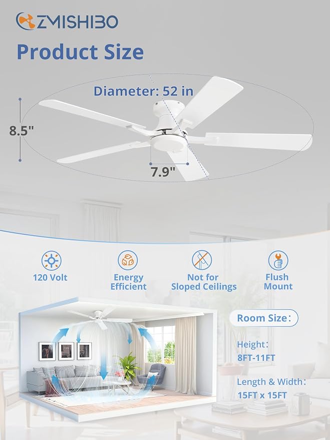 ZMISHIBO 52 Inch Ceiling Fan No Light, Flush Mount Low Profile, Modern White Ceiling Fan Without Light, Remote Control & Quiet DC Motor, for Indoor&Outdoor, Bedroom, Living Room