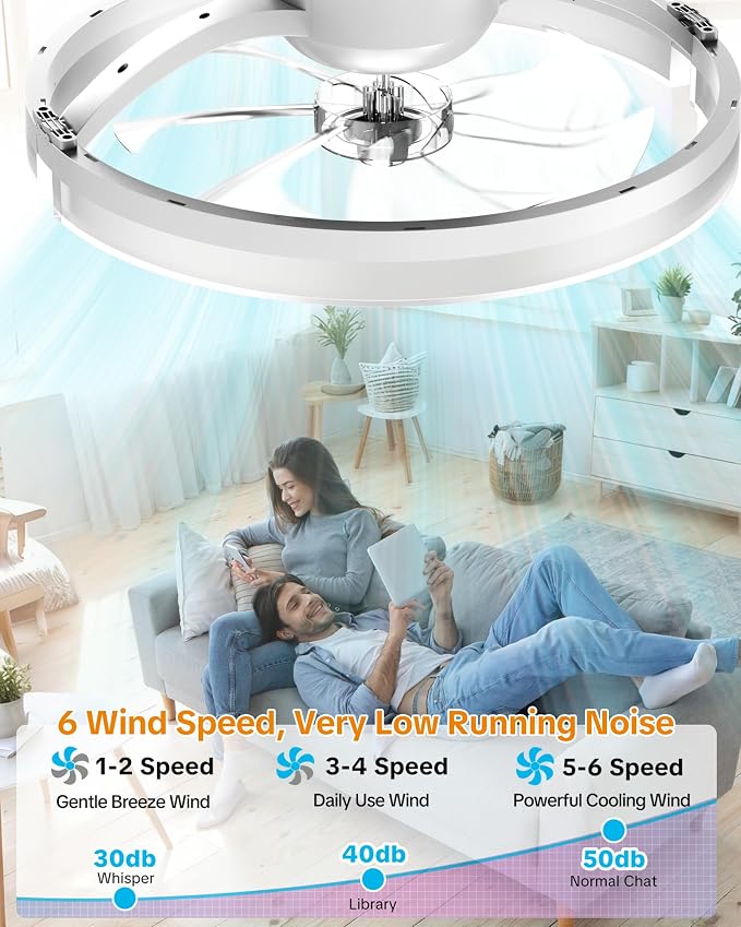 Ceiling Fans with Lights and Remote, Low Profile Ceiling Fan, Morden Flush Mount LED Fan Light, 3000K-6500K Dimmable for Bedroom, Kitchen, Living Room, Frosted, White