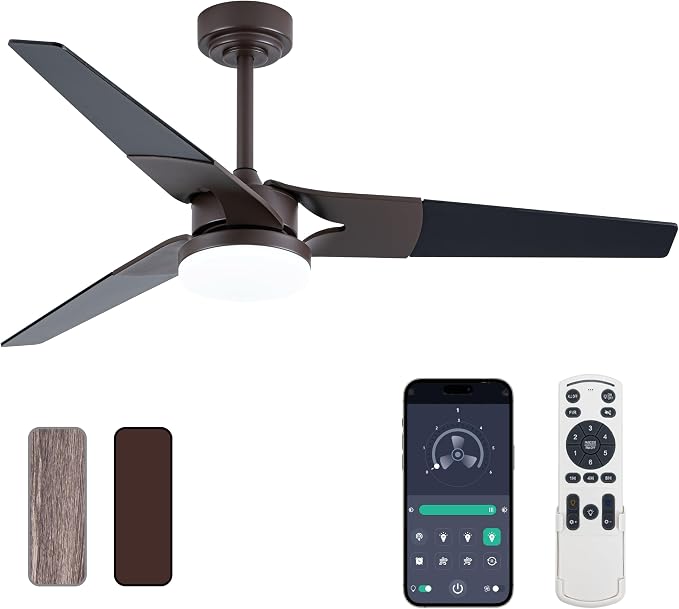 Ceiling Fan with Lights and Remote, 3 Blade App Control Timer Reversible Stepless Brightness and Color Temperature Outdoor Wood Ceiling Fan with Lights (Brown, 52 Inch)