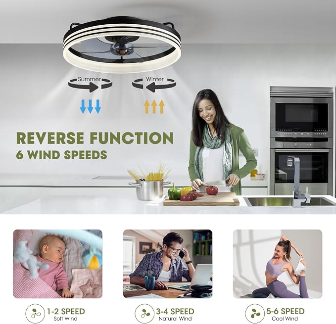 LUDOMIDE Ceiling Fan with Light, Flush Mounted Ceiling Fan with Lights, 6 Wind Speeds Smart Low Profile Fan for Bedroom, Kids Room and Living Room 20" (Black)