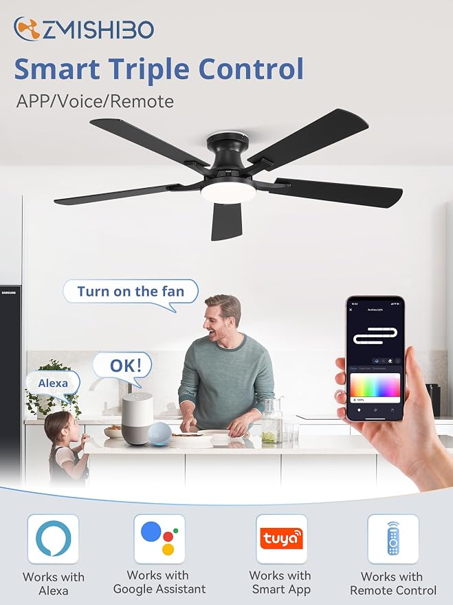 ZMISHIBO 52 Inch Smart Ceiling Fans with RGB Lights, Low Profile Flush Mount Ceiling Fan with Alexa/App/Remote Control, Dimmable 20W LED Light, Black Modern Fan for Living Room, Bedroom, Game Room