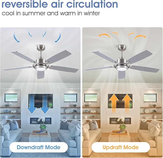 SHIHOT 54" Silver Ceiling Fans with Lights and Remote for Bedroom Kitchen | 6 Wind Speeds, Reversible, Dimmable 3 Light Colors LED Light, 30W Noiseless DC Motor,5 Double-Sided Blades,2H Timer