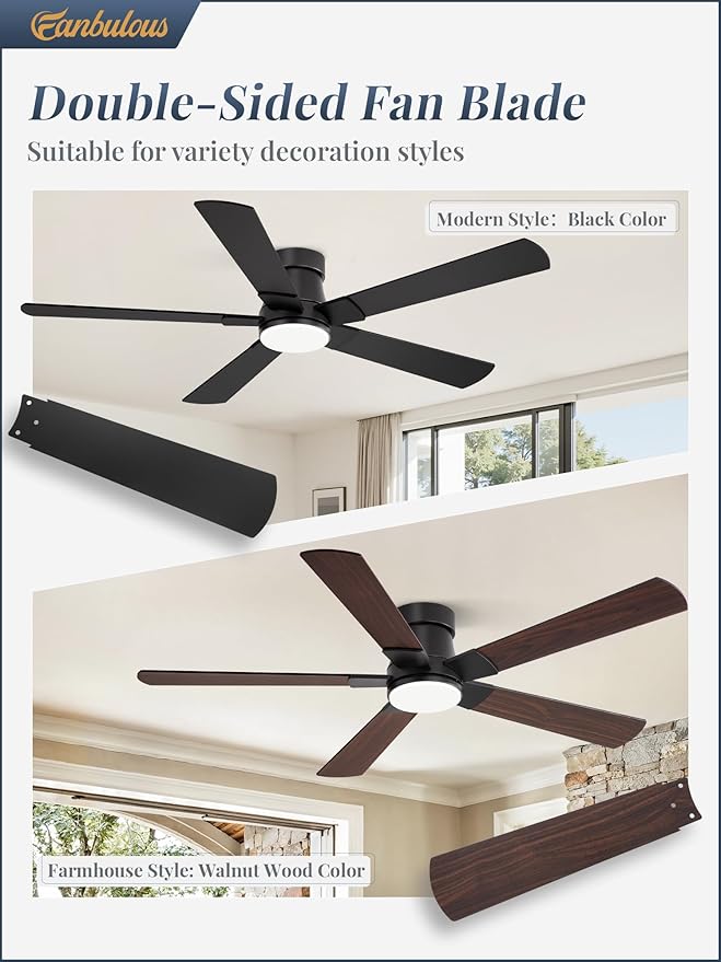 Fanbulous 52” Ceiling Fans with Lights and Remote, Flush Mount Ceiling Fan | Low Profile,Black Modern Ceiling Fan with LED Light, 5 Blades, 3CCT, 6 Speeds,Timer,Bedroom, Indoor, Outdoor,Living room