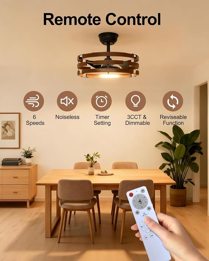 Roomratv Farmhouse Fandelier Ceiling Fan with Lights, 20'' Caged Bladeless Ceiling Fan with Remote, Enclosed Small Fan Light Fixtures for Bedroom Living Room