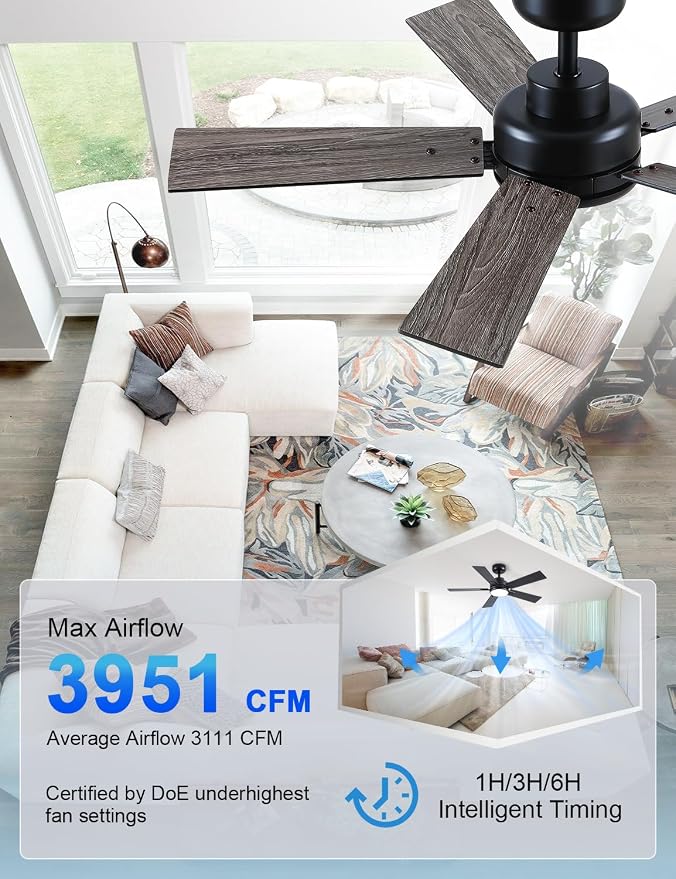 Modern Ceiling Fans with Lights - 42 inch Black Outdoor Ceiling Fan with Light and Remote, Reversible DC Motor, 6-Speed Quiet 3CCT LED Dimmable for Bedroom, Indoor and Outdoor, Patios, ETL Listed