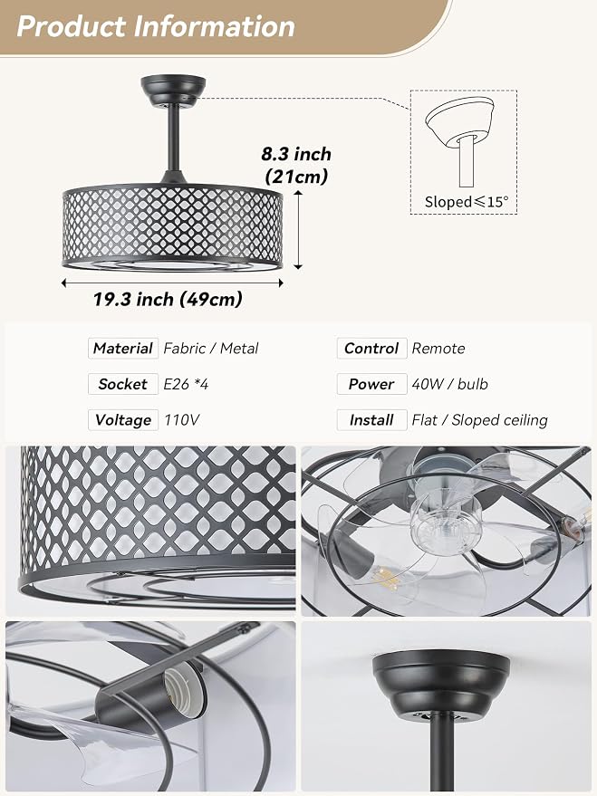 Black Fandelier Ceiling Fan with Light, 20" Caged Boho Ceiling Fans with Lights and Remote, Mid Century with 6 Speeds for Bedroom, Living Room, Nursery