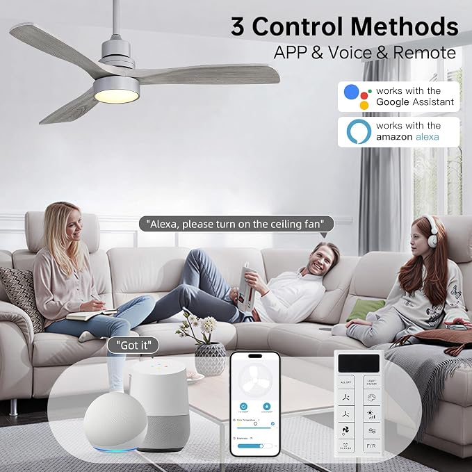 Sofucor Smart Ceiling Fan, 52" Low Profile Ceiling Fans with Lights and Remote, Compatible with Alexa/Google/App, 3-Color Light 6-Speed DC Motor Reversible Timer for Bedroom Living Room Patio Outdoor