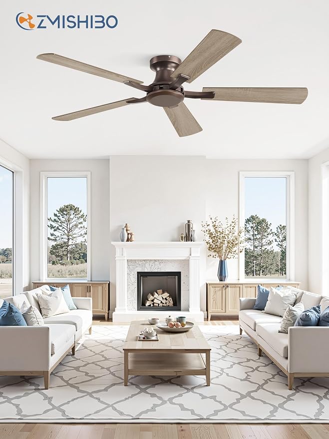 ZMISHIBO 52 Inch Ceiling Fan No Light, Flush Mount Low Profile, Farmhouse Brown Ceiling Fan Without Light, Remote Control & Quiet DC Motor, for Indoor&Outdoor, Bedroom, Living Room