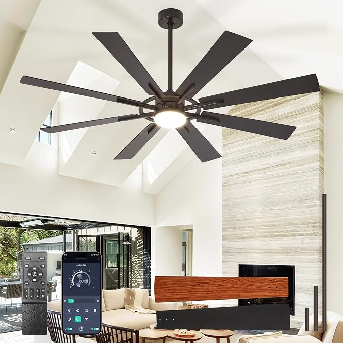 Large Ceiling Fans with Lights: Modern 66 Inch 8 Blade Outdoor Ceiling Fan with Remote APP Control - Dimmable Black Big Fan Light Indoor Reversible 6 Speed Quiet DC Motor