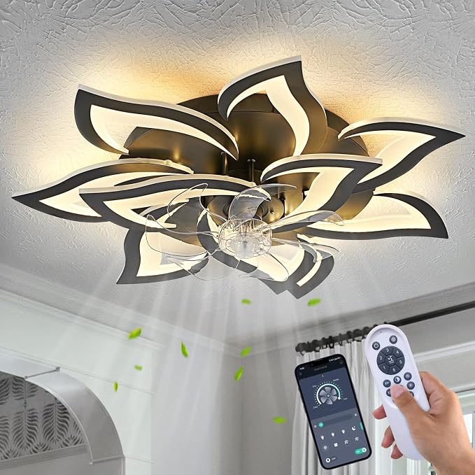 32inch Black Flower Modern Ceiling Fans with Lights, Low Profile Ceiling Fan with Remote for Bedroom, Flush Mount Ceiling Fan with LED Dimmable Light,6-Speeds, Timing Ceiling Fan Light