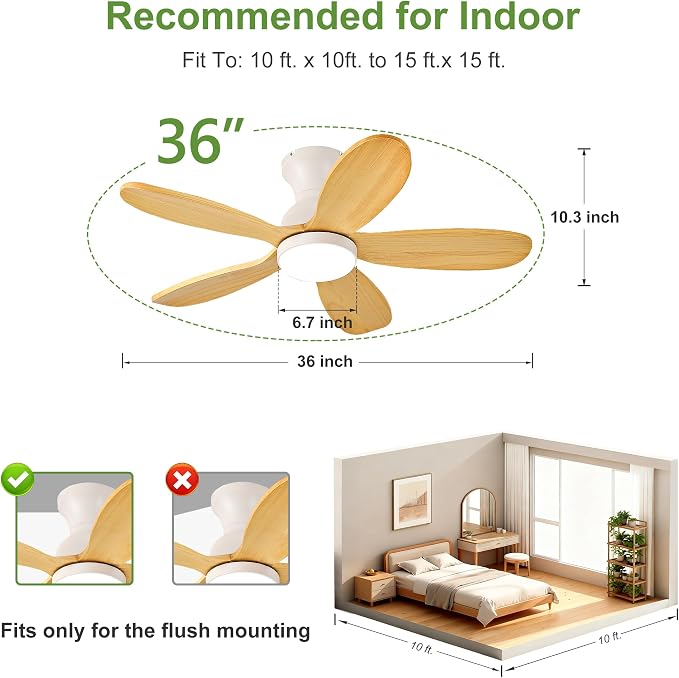 36 Inch Wood Ceiling Fans with Lights,Small Low Profile Ceiling Fans and Remote,Flush Mount Ceiling Fan with 5 Blades 6 Wind Speeds, Modern Hugger Ceiling Fan for LivingRoom, Bedroom, Patio