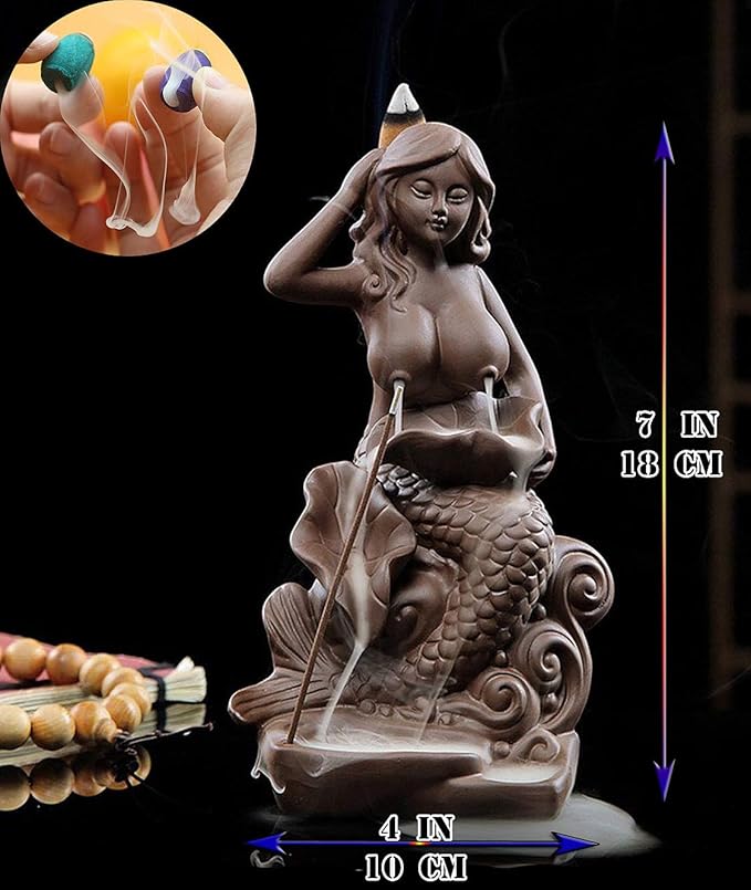 OTOFY Mermaid Ceramic Incense Holder Backflow Incense Burner with 10 Incense Cones Artwork Home Décor Figurine Aromatherapy Sculptures Fantasy Gifts (Mermaid)