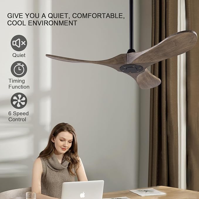 42 inch Ceiling Fans without Lights, Indoor/Outdoor Ceiling Fans no Light, 3 Solid Wood Blades, Ceiling Fan with Remote Control for Bedroom Patios Porch(Black+Apricot Grey)