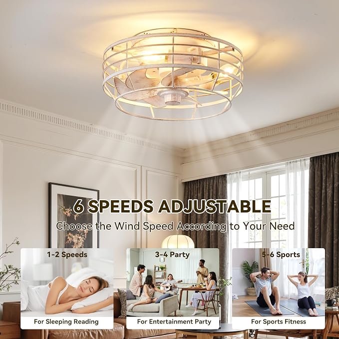 Ceiling Fan with Light and Remote, Modern Flush Mount Fan Lights Cage Ceiling Fixture, Bladeless 12 in 6 Speeds Fans with Lights for Kitchen Bedroom Living Room, White and Gold